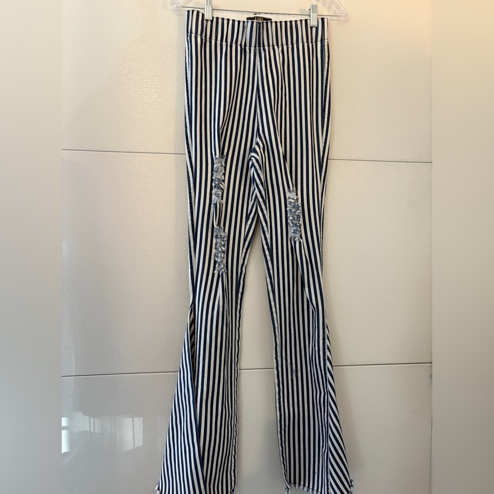 L&B Navy and White Striped Flare Distressed Curve Loving Pull-On Jeans